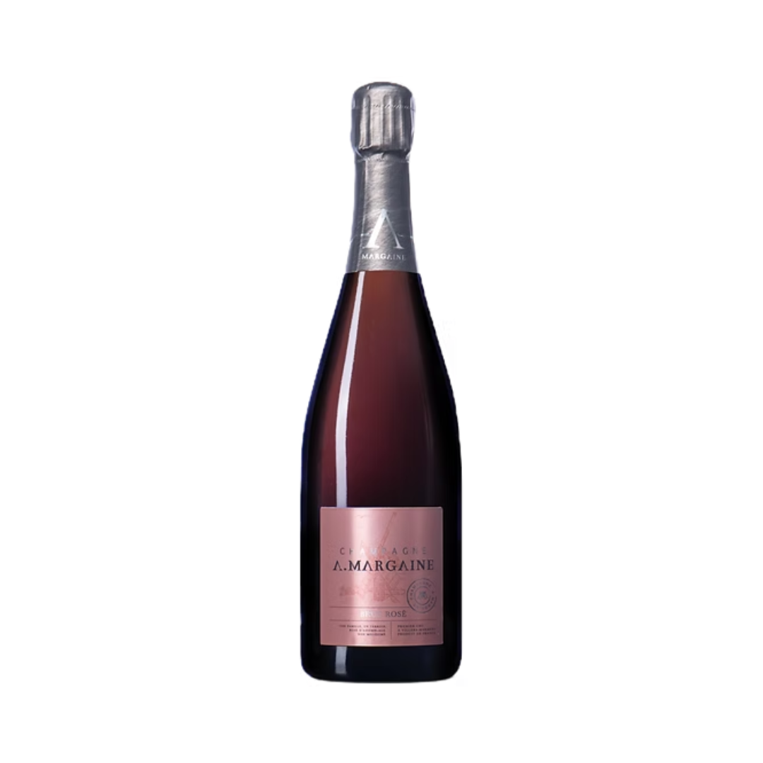 Bottle of A. Margaine Rosé Champagne – Premier Cru blend with 70% Chardonnay and 8% red wine, creamy and refreshing.


