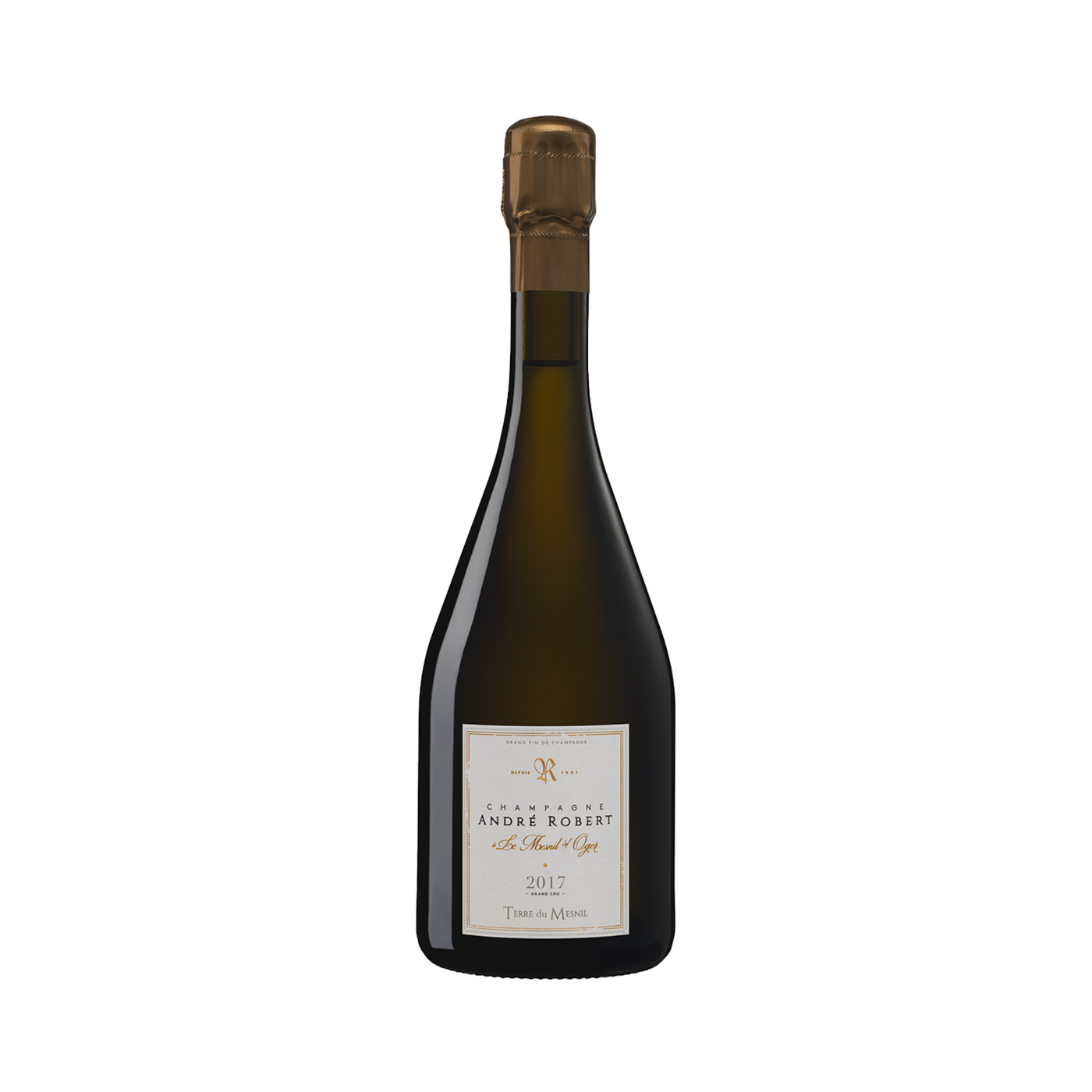 Bottle of André Robert Terre du Mesnil Grand Cru 2019, 100% Chardonnay from Le Mesnil-sur-Oger, barrel fermented and aged, no malolactic fermentation, Extra Brut Champagne with over 4 years on the lees.

