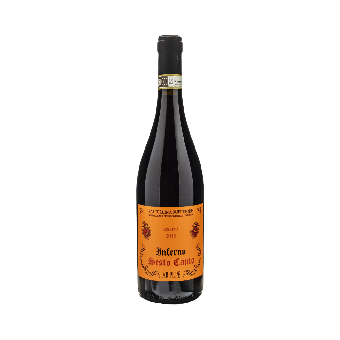 Garrafa de Inferno Sesto Canto 2018 – vinho tinto Riserva DOCG da Valtellina, 100% Nebbiolo, com rótulo literário inspirado em Dante.


