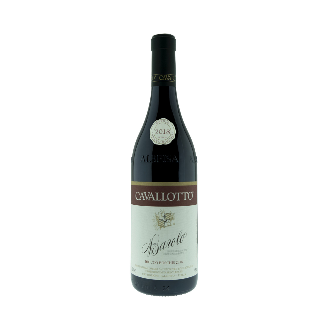 Bottle of Cavallotto Barolo Bricco Boschis 2020, classic organic Barolo from historical vineyards planted in 1971, aged in large Slavonian oak casks with traditional winemaking.

