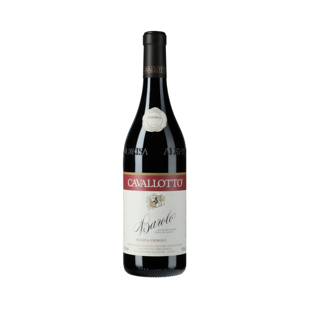 Bottle of Cavallotto Barolo Riserva Vignolo 2018, a traditional organic Barolo from MGA Vignolo, made with Nebbiolo and aged in large Slavonian oak casks.

