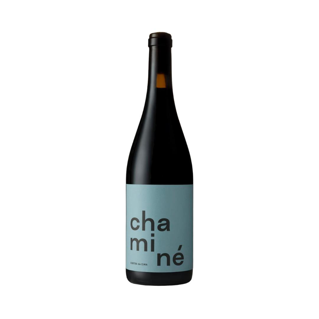 Label information for Cortes de Cima Chaminé Tinto 2021, featuring a blend of Touriga Franca, Syrah, Trincadeira, and Alicante Bouschet from Alentejo, with a rating of 16.5 points by Jancis Robinson.