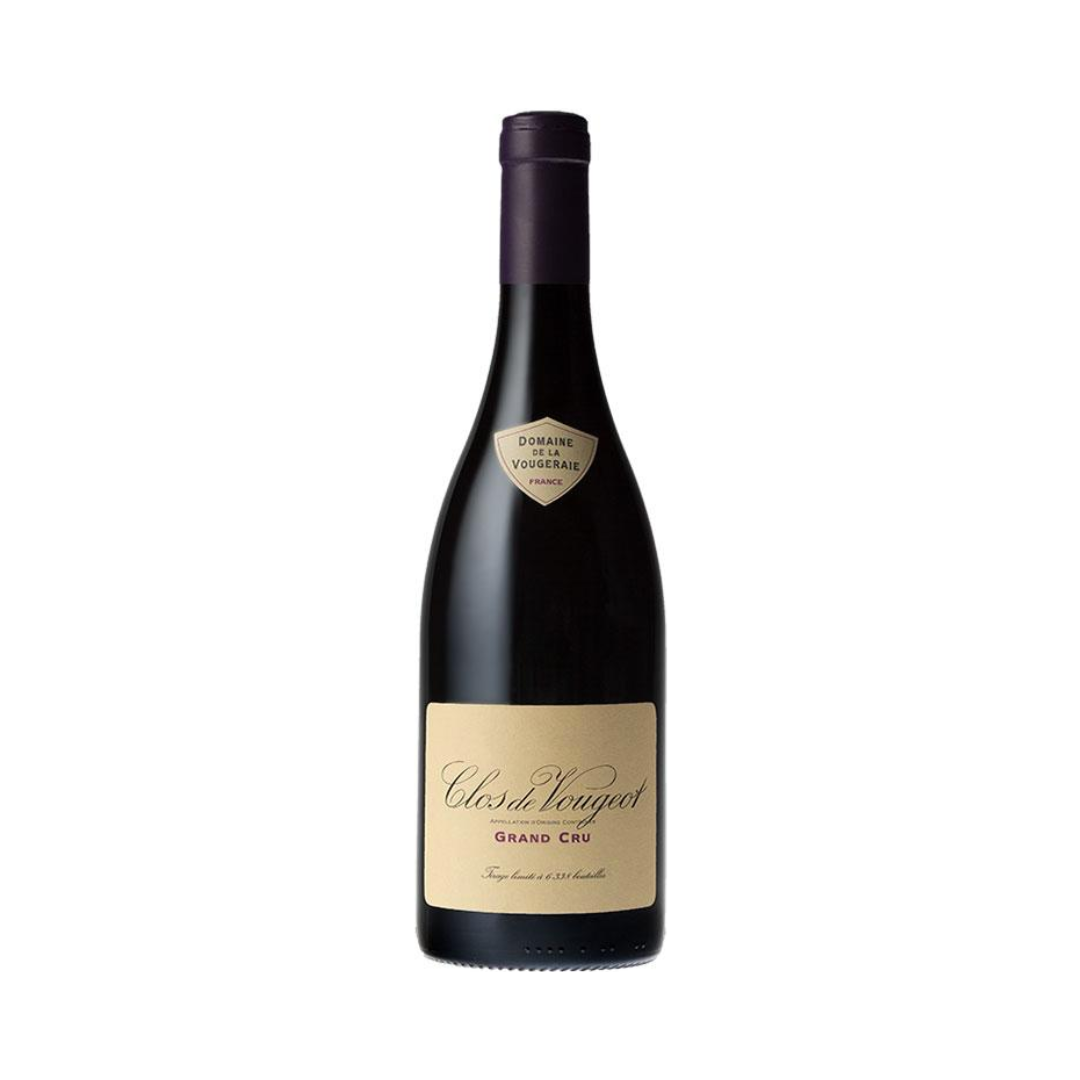 Bottle of Domaine de la Vougeraie Clos de Vougeot Grand Cru 2022 – biodynamic Pinot Noir from Côte de Nuits, aged 16 months in French oak barrels.

