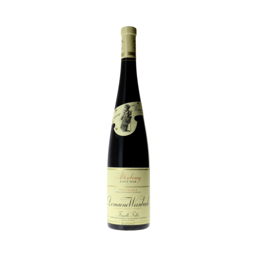 Bottle of Domaine Weinbach Pinot Noir Altenbourg 2022 – biodynamic red wine from Alsace with black cherry, forest notes and silky tannins.

