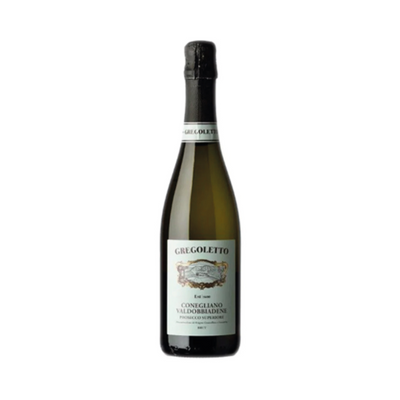 Garrafa de vinho Gregoletto Prosecco di Conegliano-Valdobbiadene Superiore Brut, tipo Espumante, originário do Vêneto.