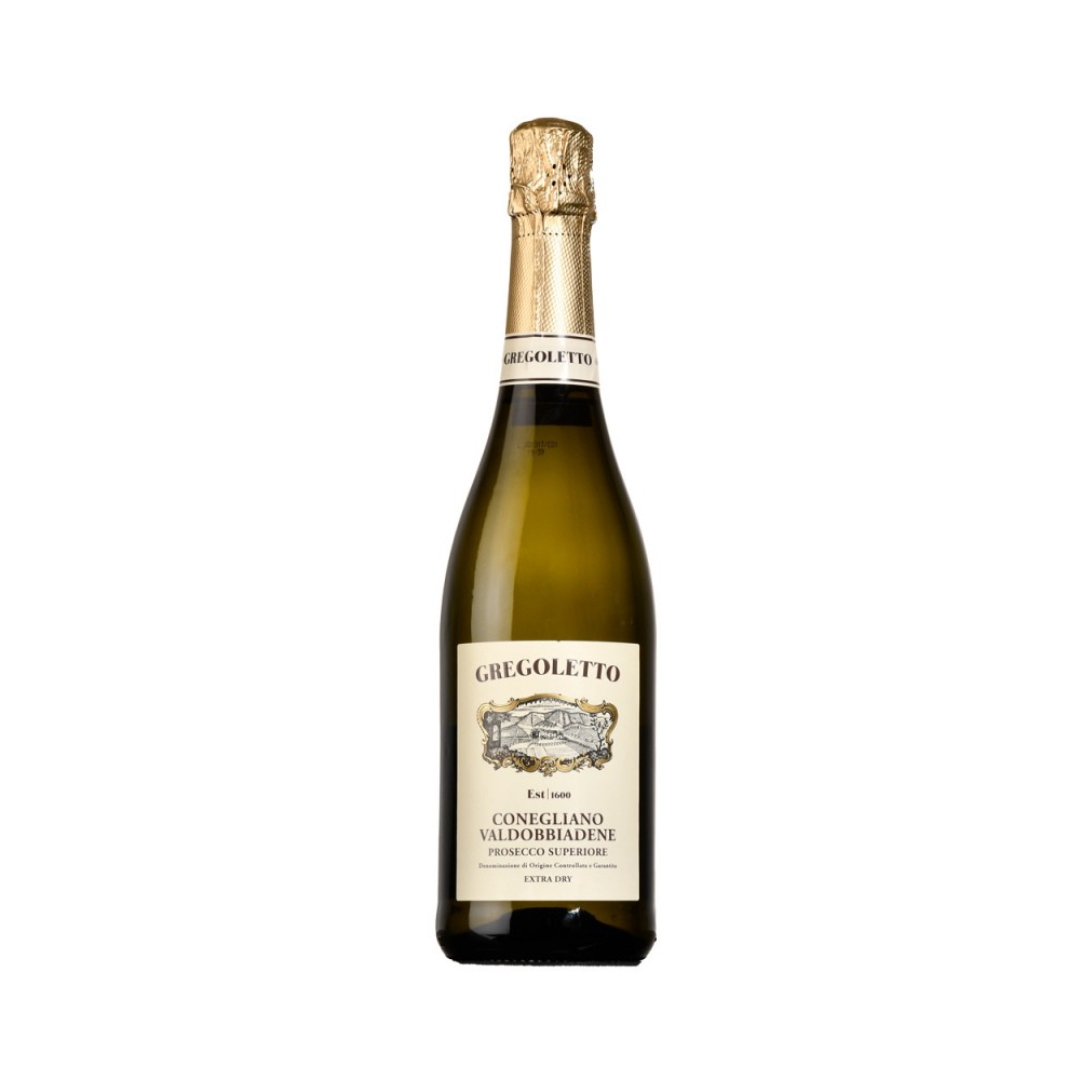 Garrafa de vinho Gregoletto Prosecco di Conegliano-Valdobbiadene Superiore Extra Dry DOCG, tipo Espumante, originário de Itália.