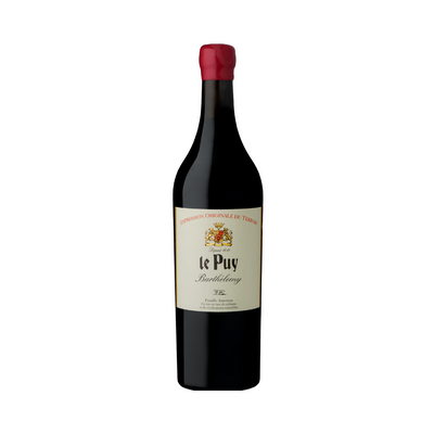 Bottle of Le Puy Barthélemy 2021 with deep purple wine inside, photographed on a neutral background, showcasing its elegant French label.

