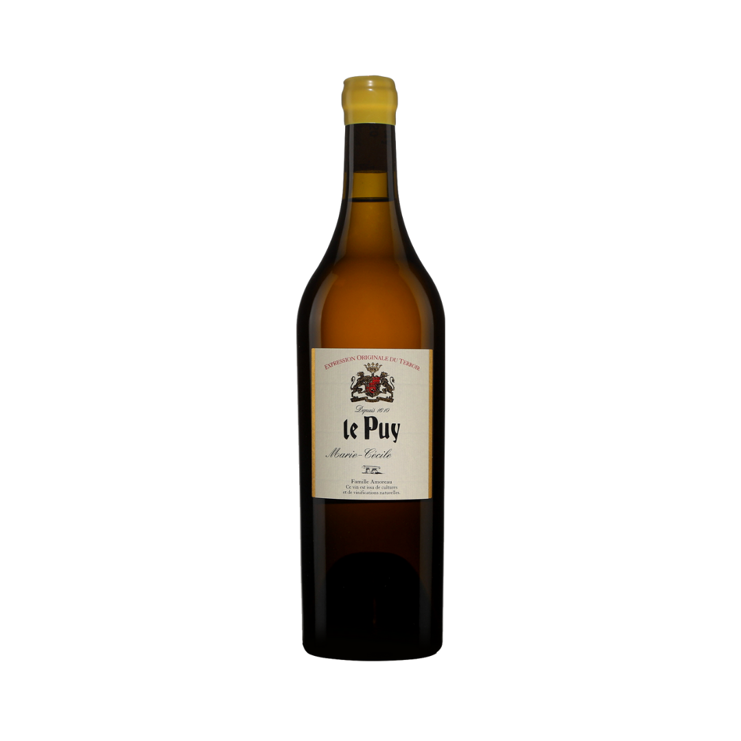 Bottle of Le Puy Marie-Cécile 2022, a natural sulphur-free white wine made from 100% Semillon, aged in used barrels with lunar dynamisation.

