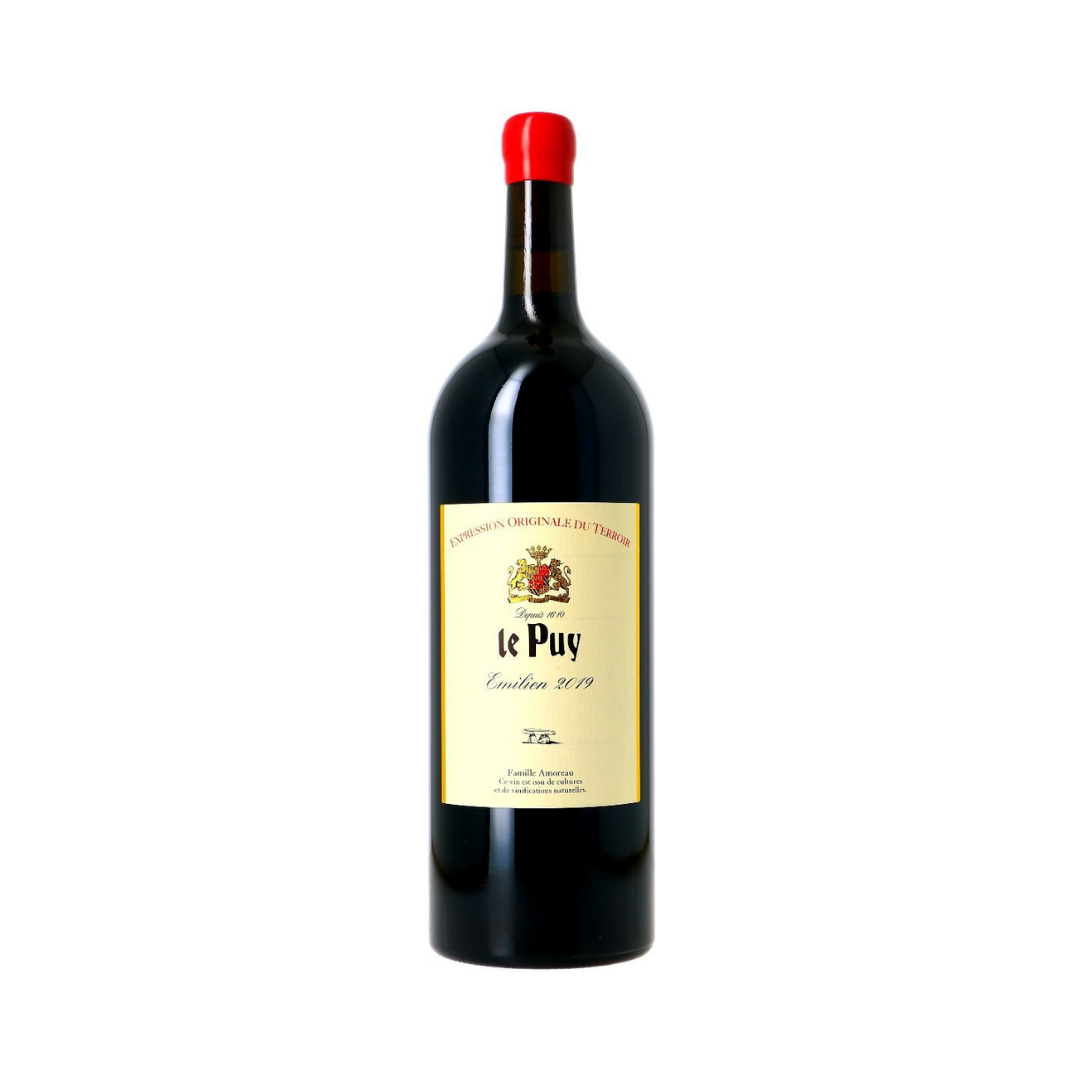Bottle of Le Puy Émilien 2021 — biodynamic Bordeaux red with 85% Merlot, fresh mineral character and low intervention winemaking.

