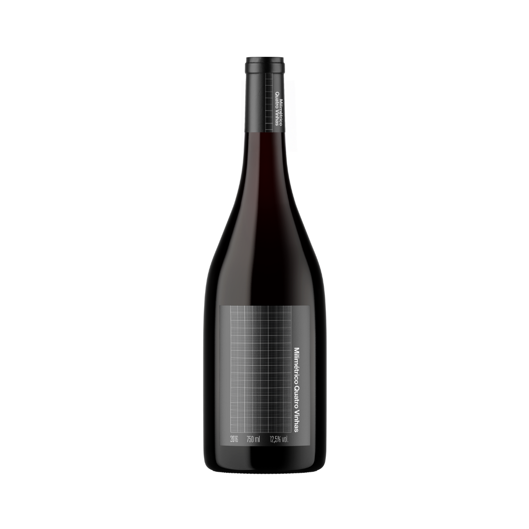Bottle of Milimétrico Quatro Vinhas 2016, a small-production Portuguese red wine made from Merlot and Alicante Bouschet, photographed on a clean background.