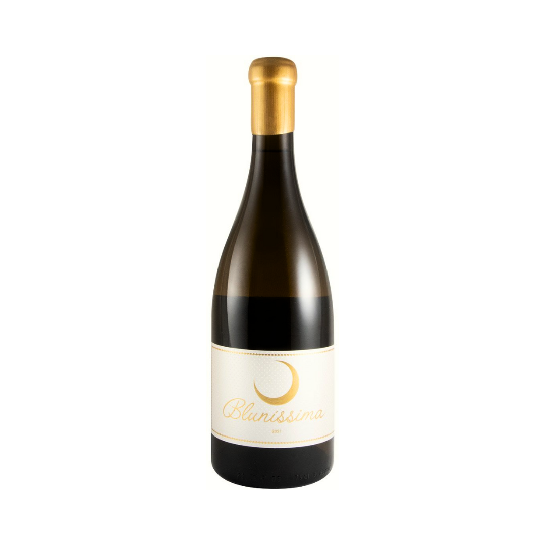 Bottle of Monte Bluna Bluníssima Branco 2021 – premium Portuguese white wine from Arruda DOC, 100% Arinto.

