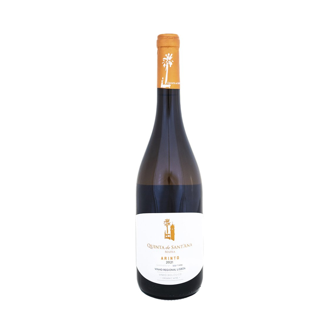 Bottle of Quinta de Sant’Ana Arinto 2021 – organic white wine from Lisbon, aged in French oak, with complex aromas and vibrant acidity.