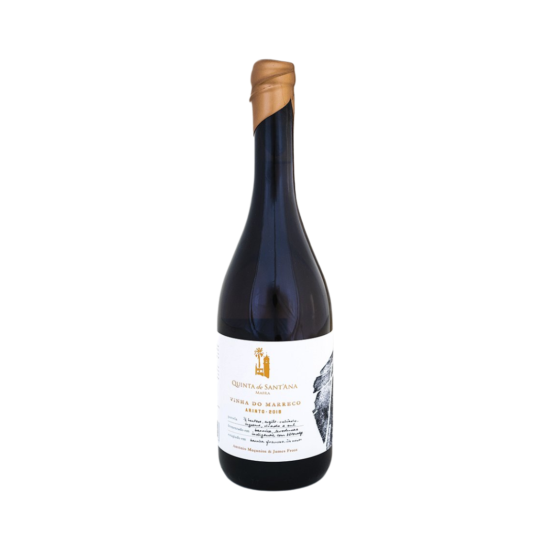 Bottle of Vinha do Marreco 2018 from Quinta de Sant’Ana – organic white wine from Lisbon, 100% Arinto, aged in oak barrels.