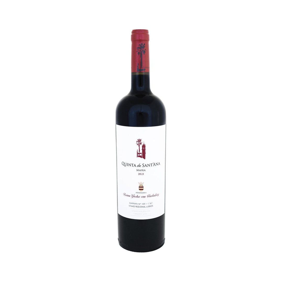 Bottle of Quinta de Sant’Ana Homenagem a Barão Von Furstenberg 2021 – red wine blend of Aragonês and Merlot, aged 24 months in French oak, Lisbon, Portugal.