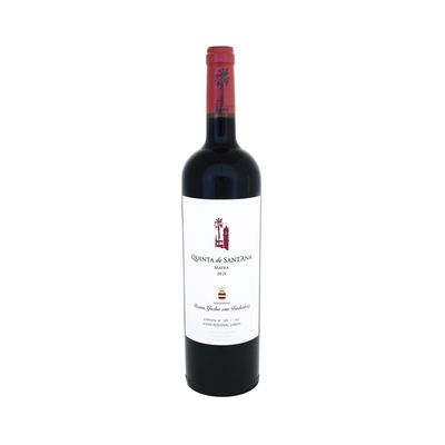 Bottle of Quinta de Sant’Ana Homenagem a Barão Von Furstenberg 2021 – red wine blend of Aragonês and Merlot, aged 24 months in French oak, Lisbon, Portugal.