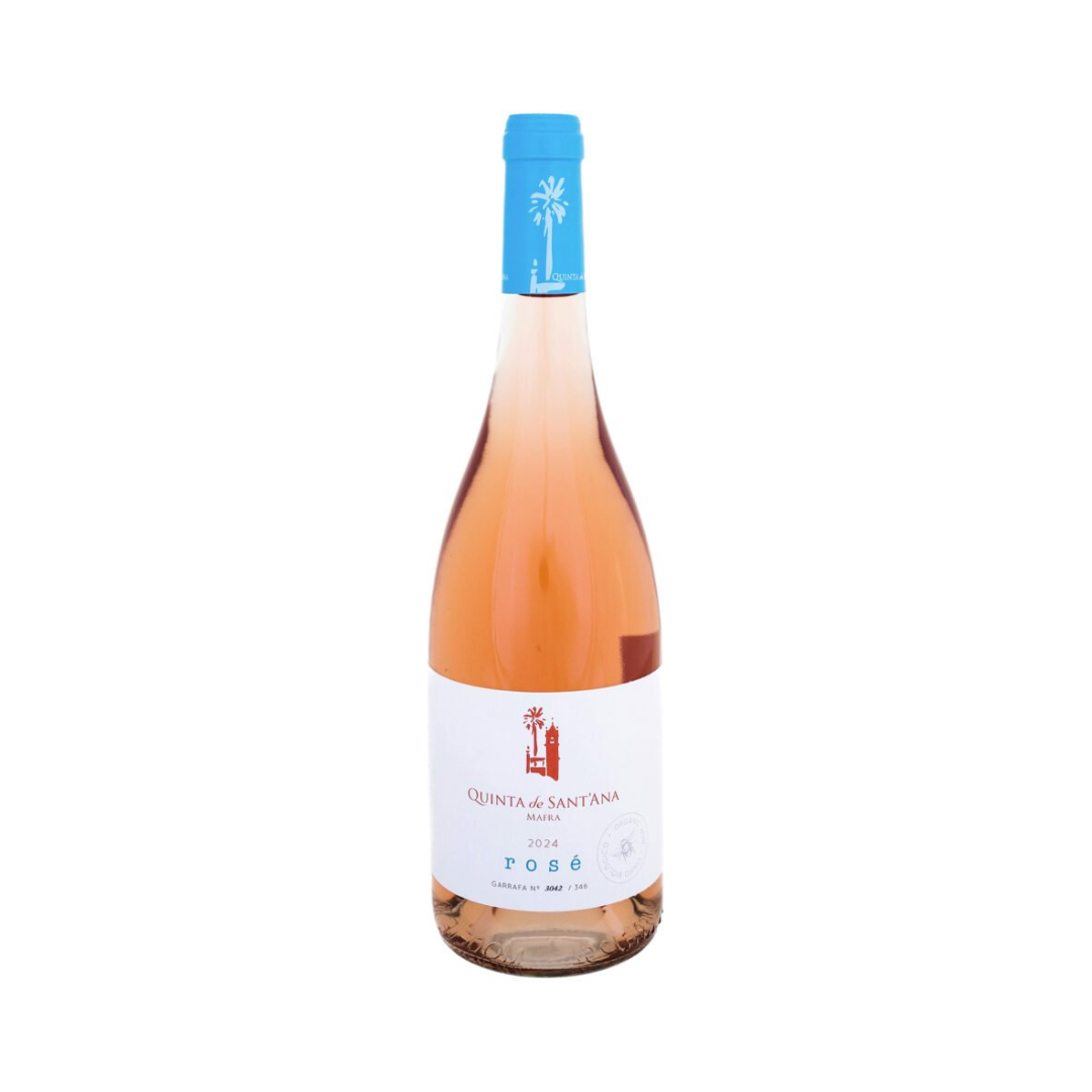 Bottle of Quinta de Sant’Ana Rosé 2024 – Organic rosé wine from Lisbon made with Merlot, Touriga Nacional and Aragonez, showcasing floral and berry aromas.