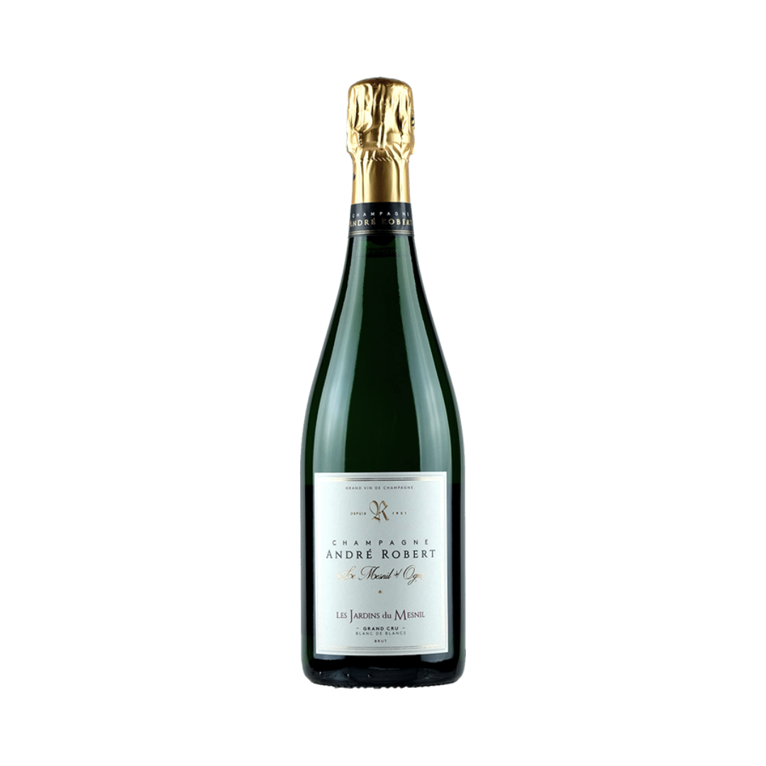 Bottle of André Robert Les Jardins du Mesnil Grand Cru 2020, 100% Chardonnay from Le Mesnil-sur-Oger, fermented in stainless steel and oak, aged over 4 years on the lees, no malolactic fermentation.

