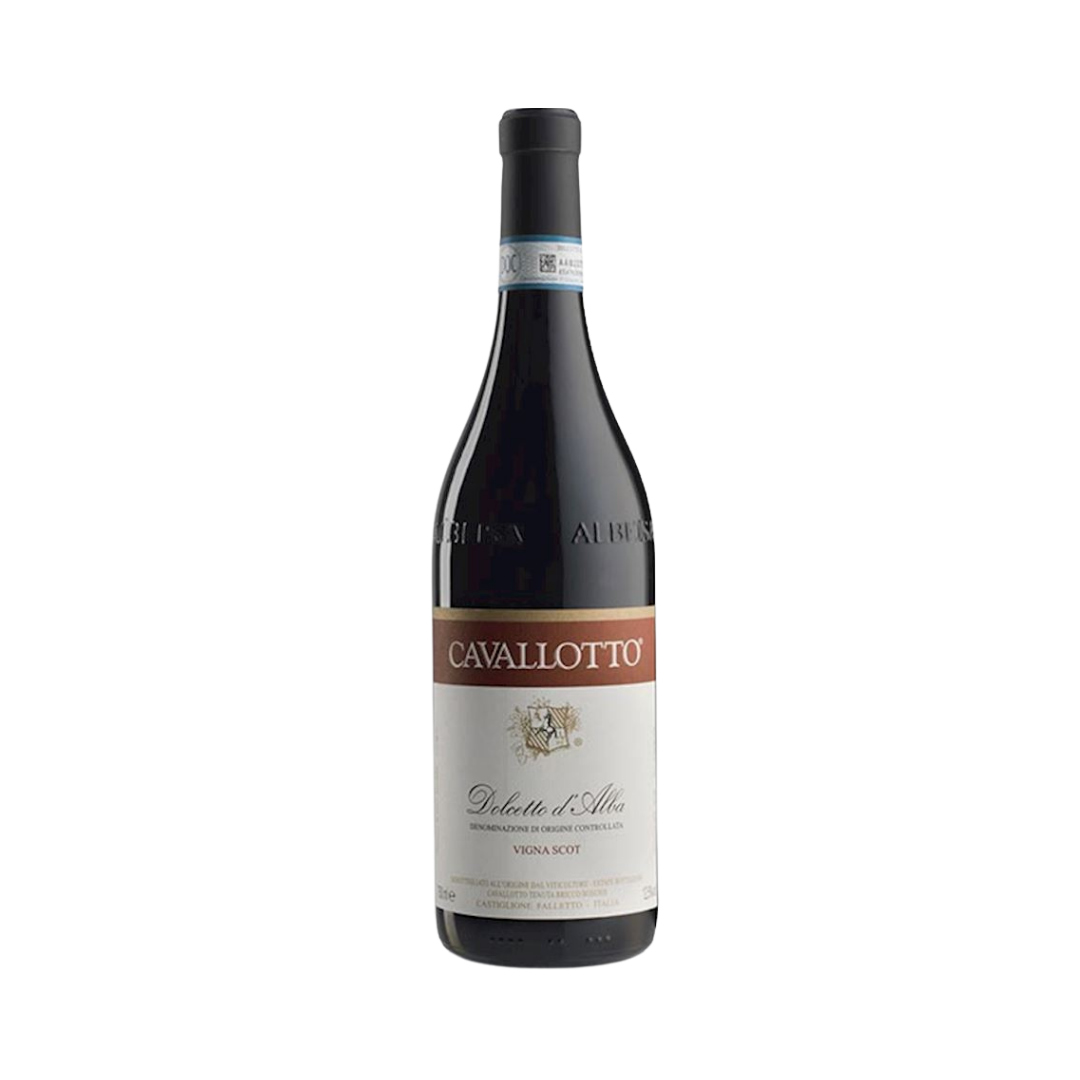 Bottle of Cavallotto Dolcetto d'Alba Vigna Scot 2023 – Organic Dolcetto from a historic vineyard between Bricco Boschis and Monprivato, traditionally vinified in large Slavonian oak barrels.

