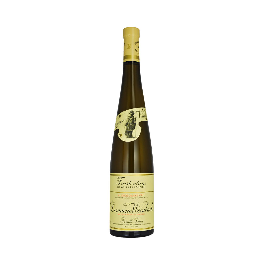 Bottle of Domaine Weinbach Gewürztraminer Furstentum Grand Cru 2020 – biodynamic semi-sweet white wine from Alsace with floral, spicy and creamy depth.

