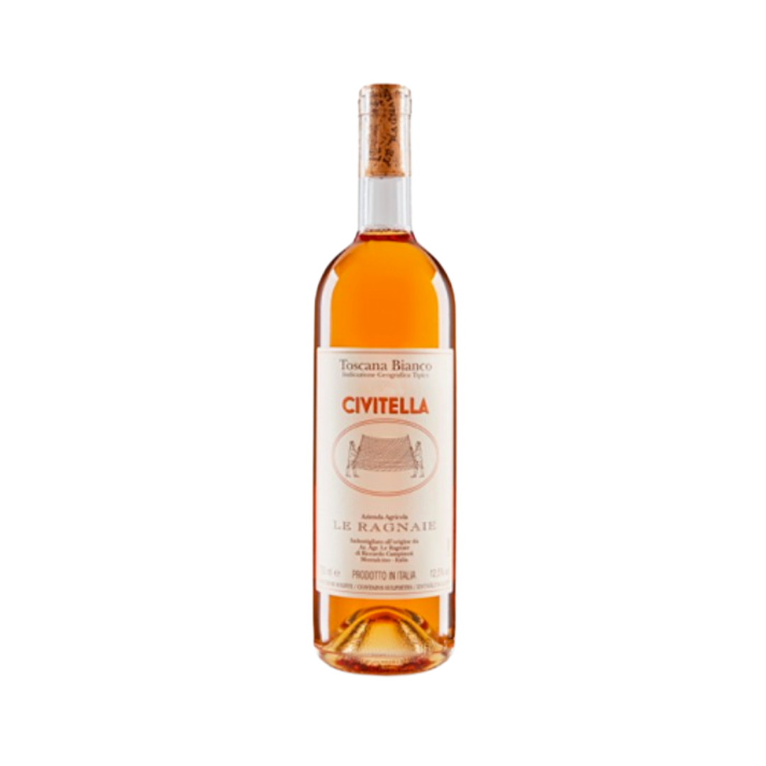 Bottle of Le Ragnaie Bianco Civitella 2020 – Skin-contact white wine made from Fiano grapes, with no malolactic fermentation, from Tuscany.

