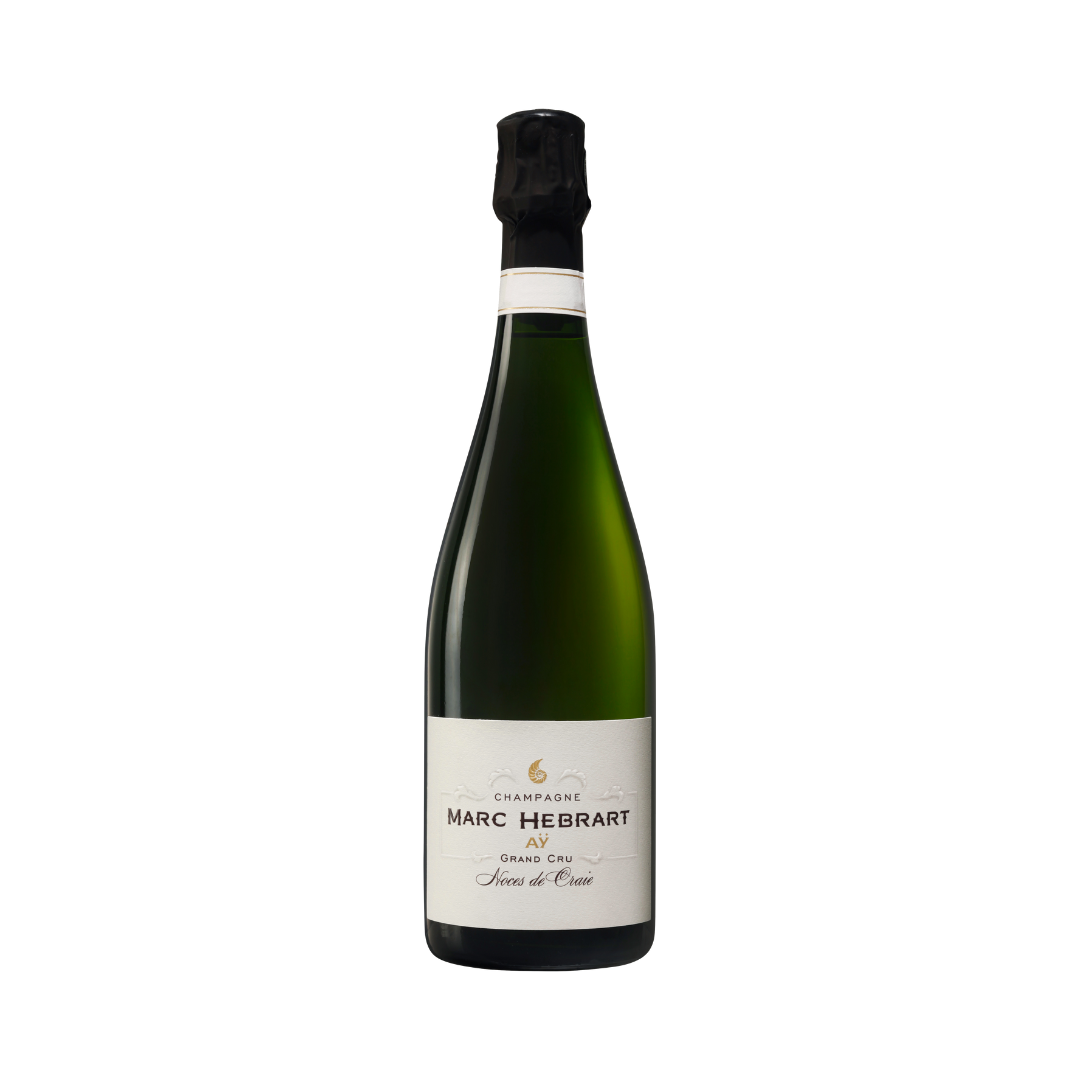 Bottle of Marc Hébrart Noces de Craie 2018 – 100% Pinot Noir Grand Cru Champagne, Extra Brut, aged 36+ months on lees, with chalky minerality and remarkable structure.

