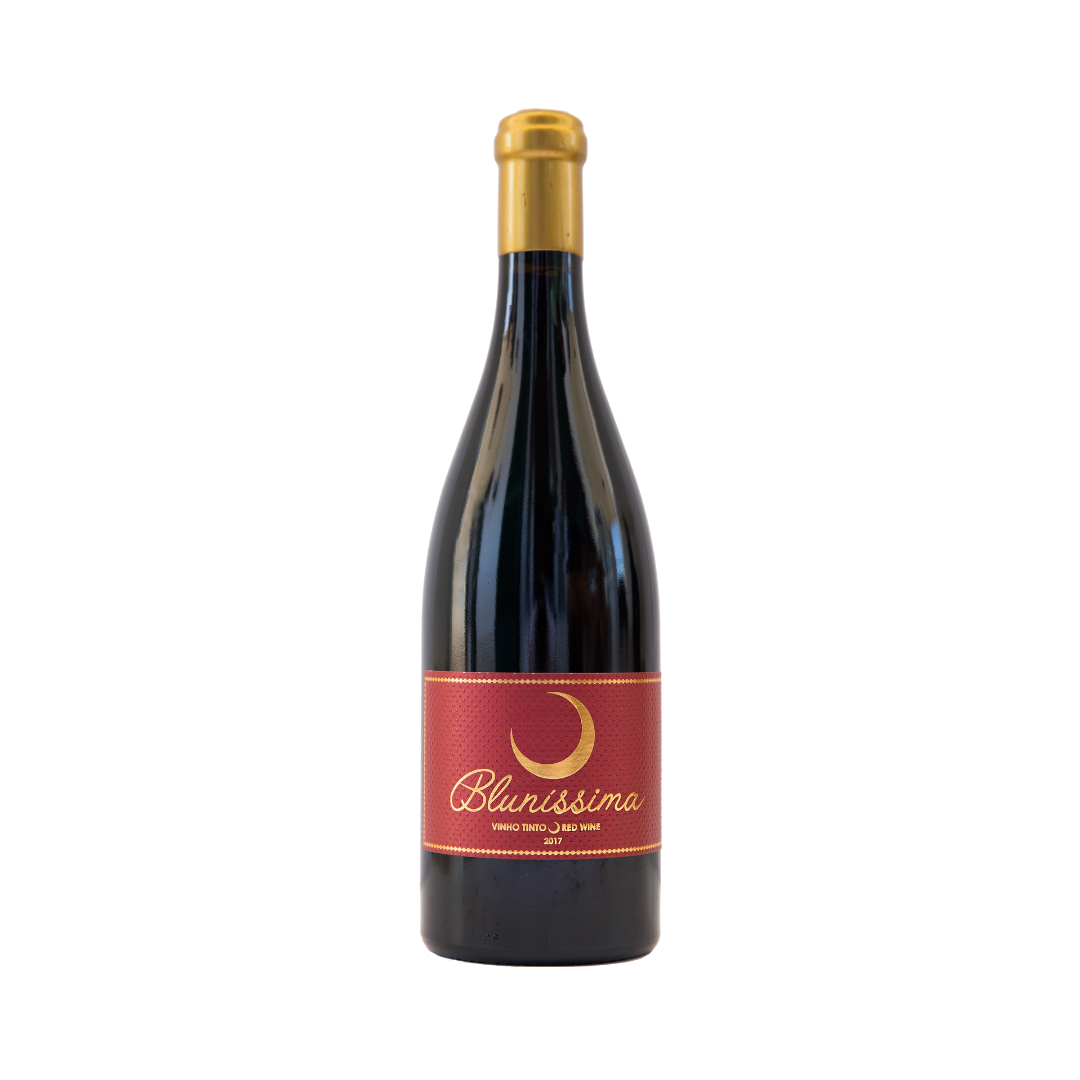 Garrafa de vinho tinto Monte Bluna Bluníssima 2017, da vinícola Monte Bluna, produzido em 750 ml, com visual elegante.