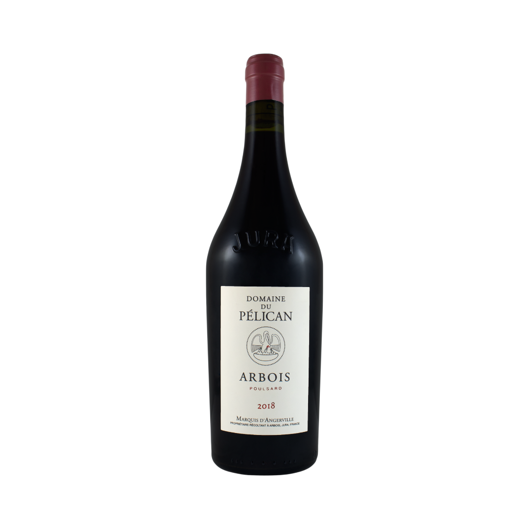 Bottle of Domaine du Pélican Poulsard 2022 – biodynamic light red wine from Jura with floral and earthy aromas, low alcohol and elegant finesse

