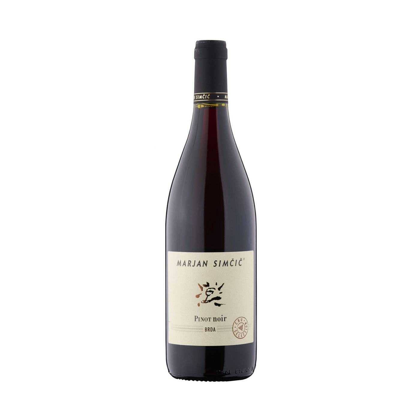 Bottle of Marjan Simcic Pinot Noir Cru Selection 2019, a refined organic red from Brda, Slovenia, aged 24 months in large oak and French barrels, with elegant freshness and terroir character.

