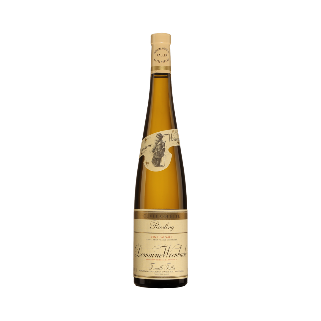 Bottle of Domaine Weinbach Riesling Cuvée Colette 2019 – biodynamic dry white wine from Alsace with granite-driven minerality and vibrant acidity.

