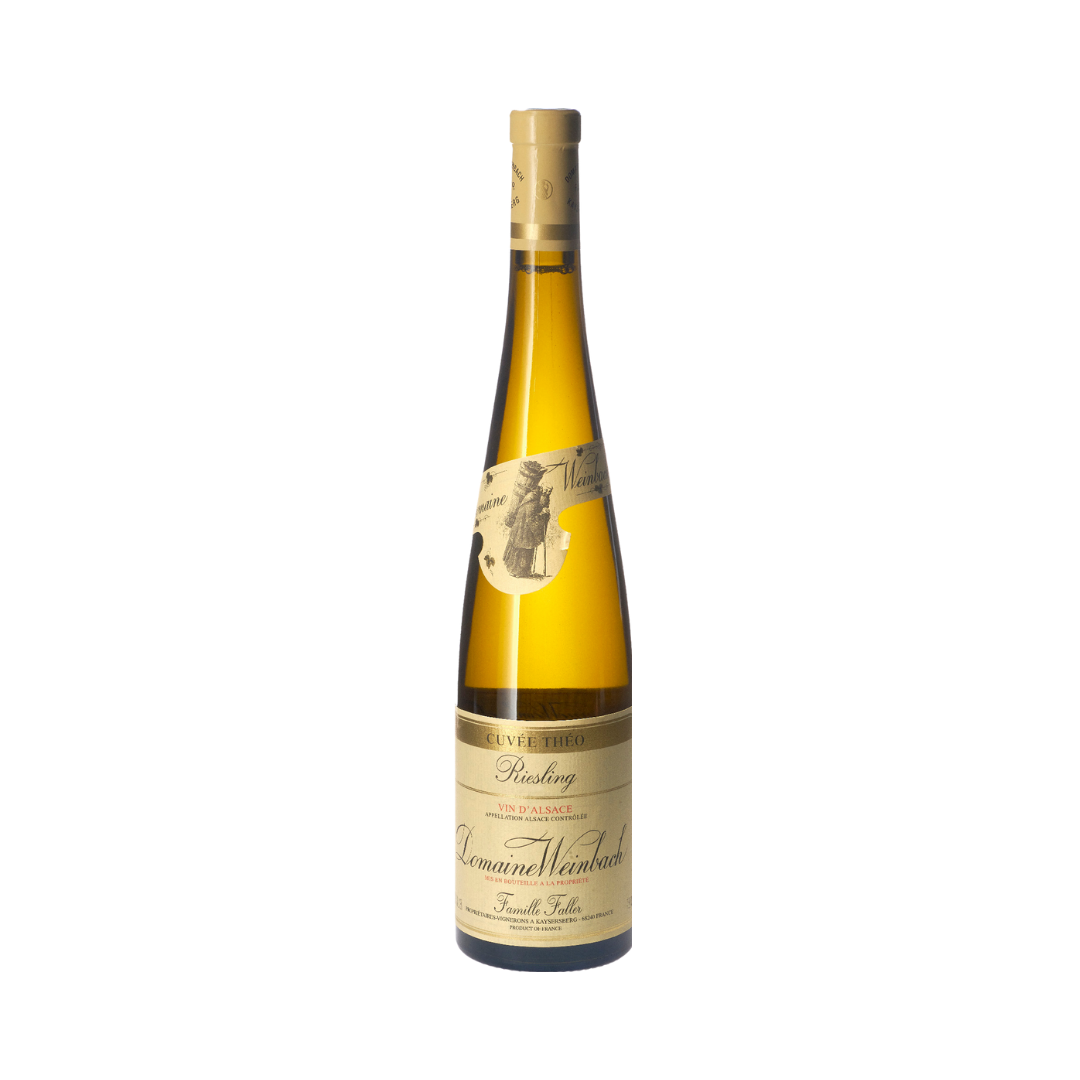 Bottle of Domaine Weinbach Riesling Cuvée Théo 2020 – biodynamic dry white wine from Alsace with white flowers, lime, and crisp apple notes.

